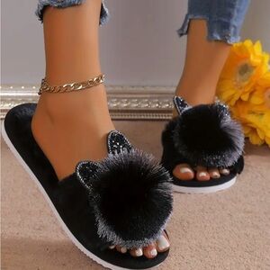 Cat Black Fuzzy Slippers-NWT